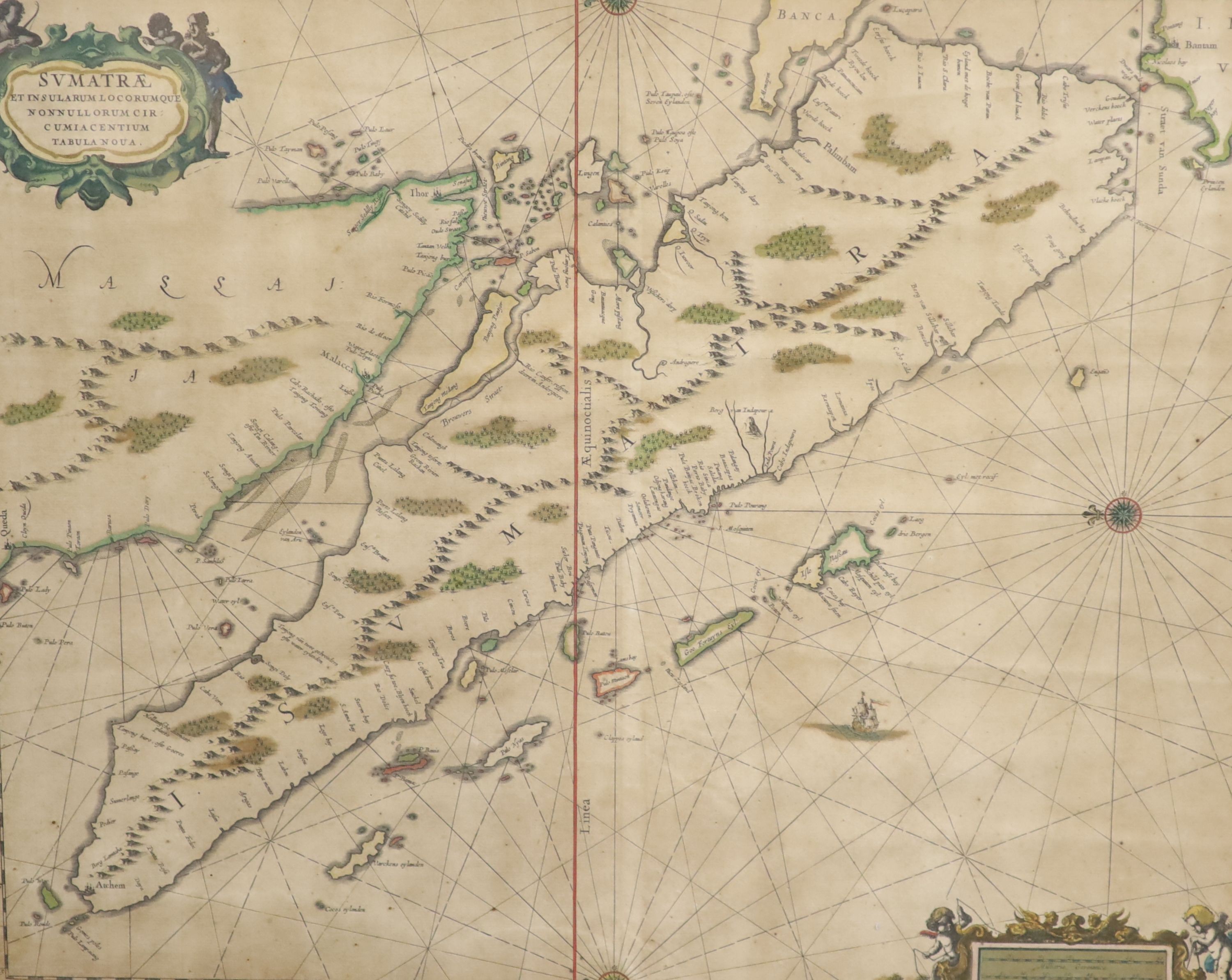 Gerard Van Keulen (1678-1726), Map of Sumatrae, inscribed ‘Svmatrae et Insularum Locorumque Nonnullorum Circumiacentium Tabula Nova’, hand coloured engraving, 42.5 x 52.5cm